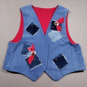 Vtg Handmade Denim Patchwork Vest Large Bandana Print Concho Lined